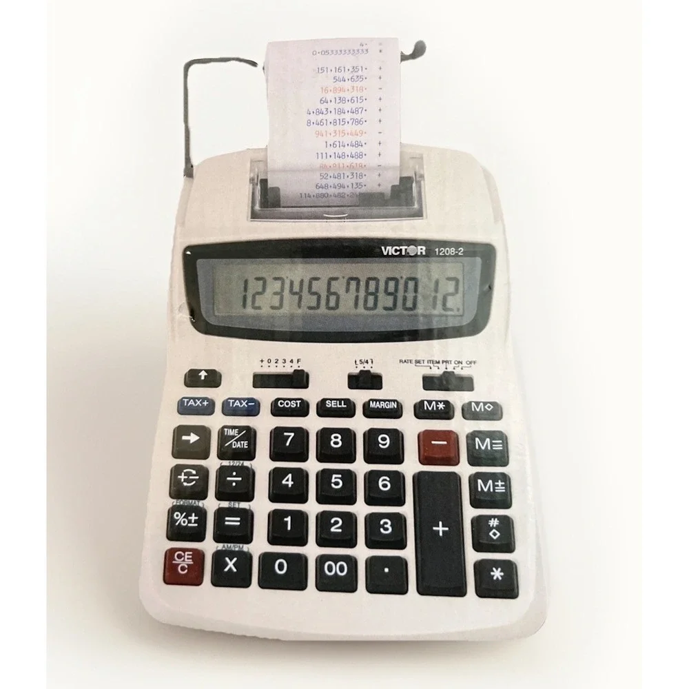 Victor 1208-2 Printing Calculator, 2-Color Black/Red Print, Manual & Adapter NIB